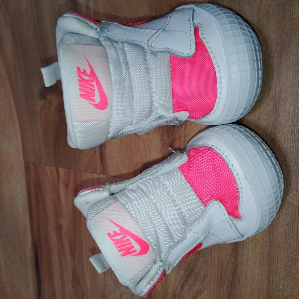 Nike White and Pink Sneakers with High-Top Design and Velcro Closure